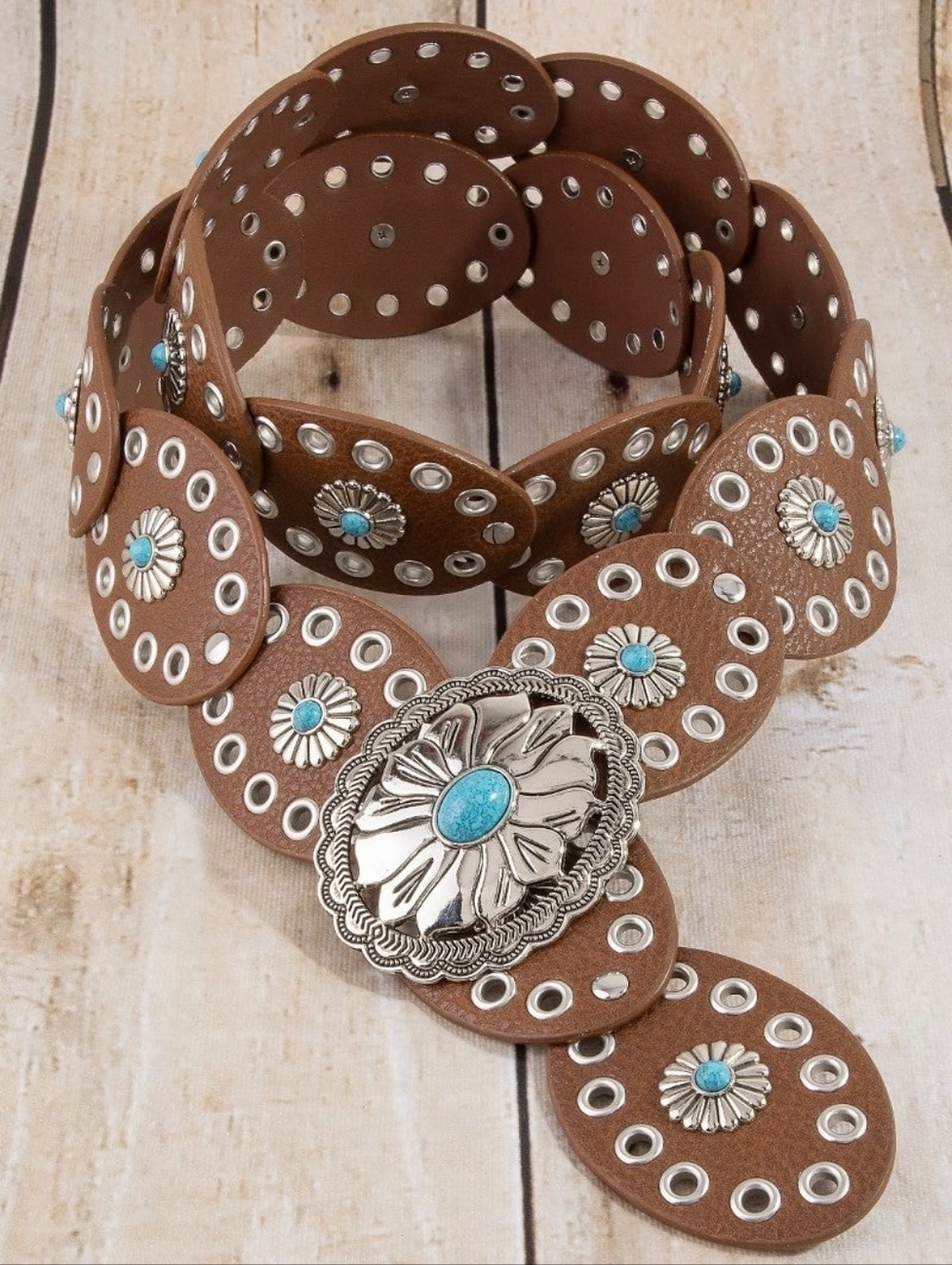 Western Turquoise Concho Disc Leather Belt - Picture 2 of 7